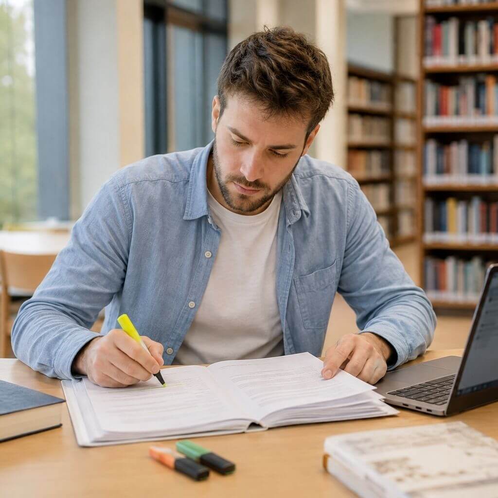 Estudiante subrayando apuntes junto a un portátil en una biblioteca.