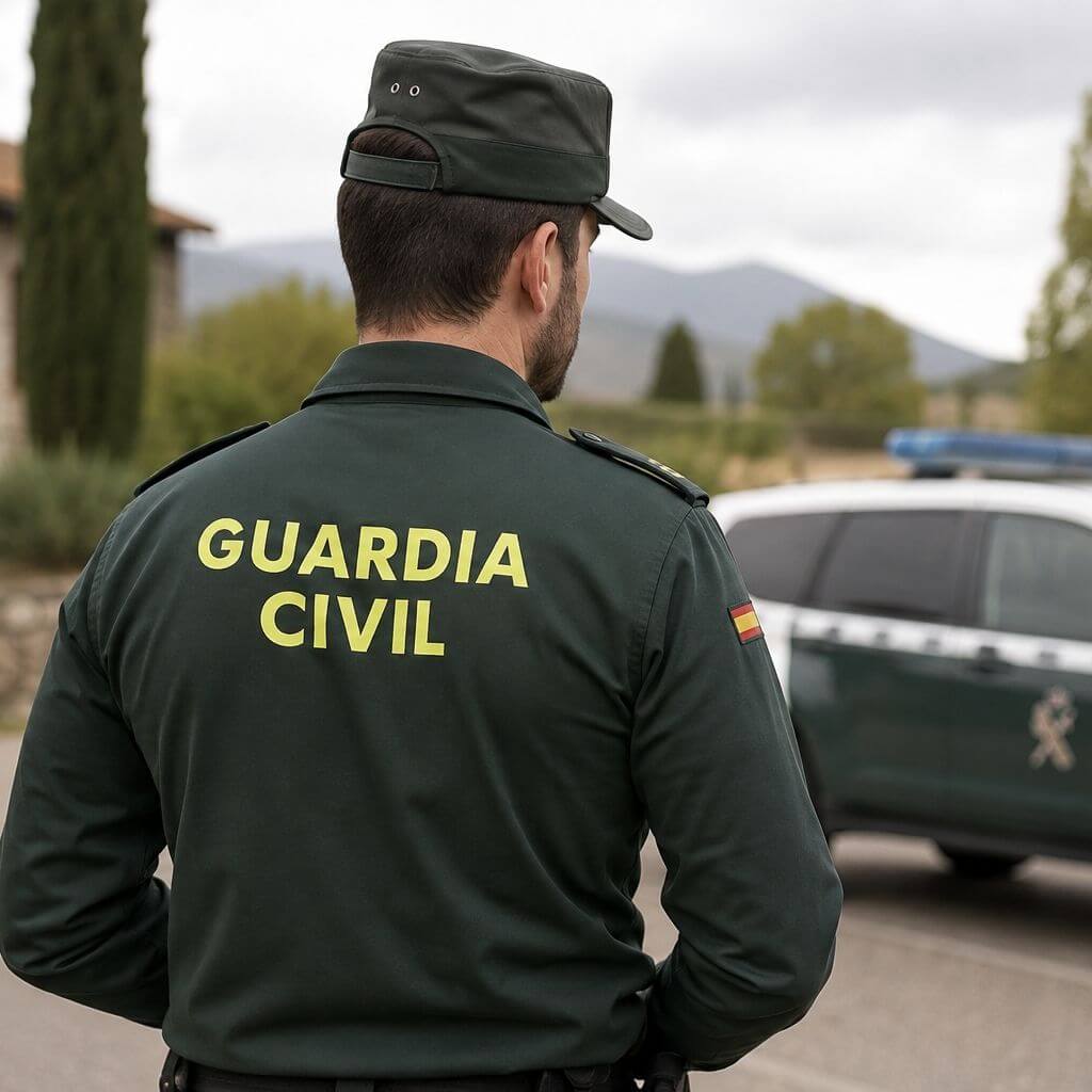 Guardia civil de espaldas junto a un vehículo patrulla.