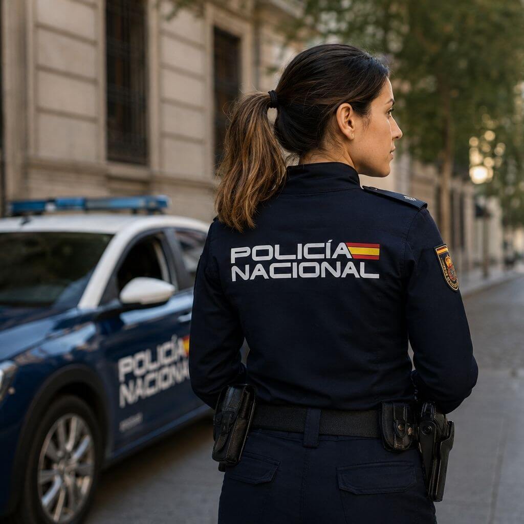 Agente de Policía Nacional de espaldas junto a un vehículo patrulla.