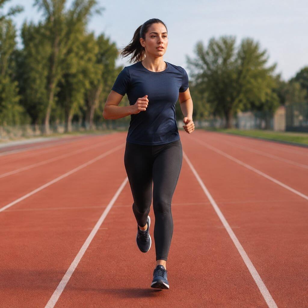 Mujer corriendo en una pista de atletismo durante un entrenamiento.