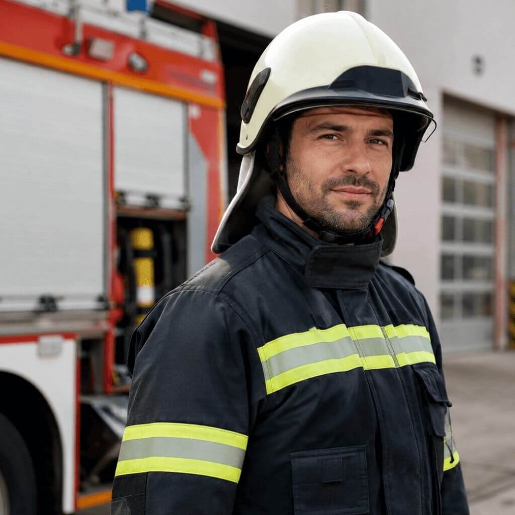 Bombero equipado junto a un vehículo de bomberos