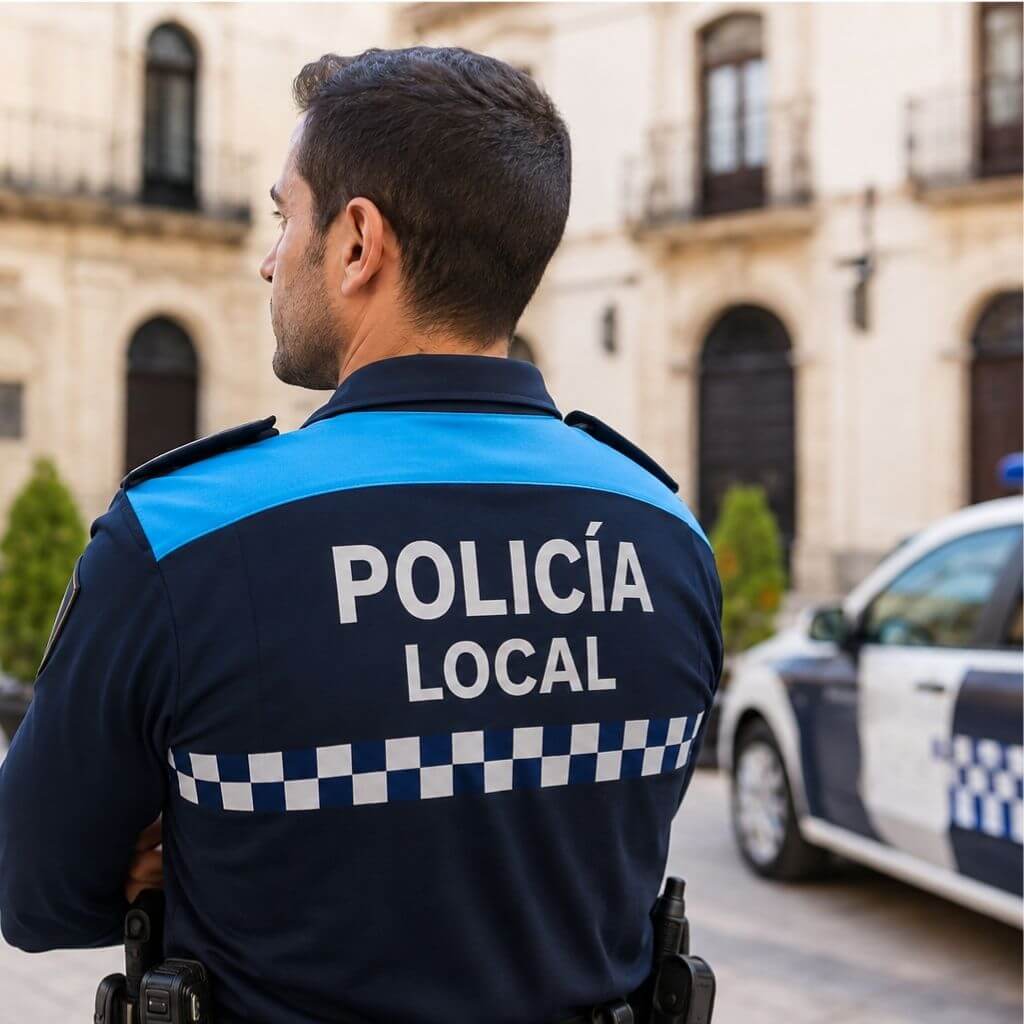 Agente de Policía Local de espaldas junto a un vehículo patrulla.