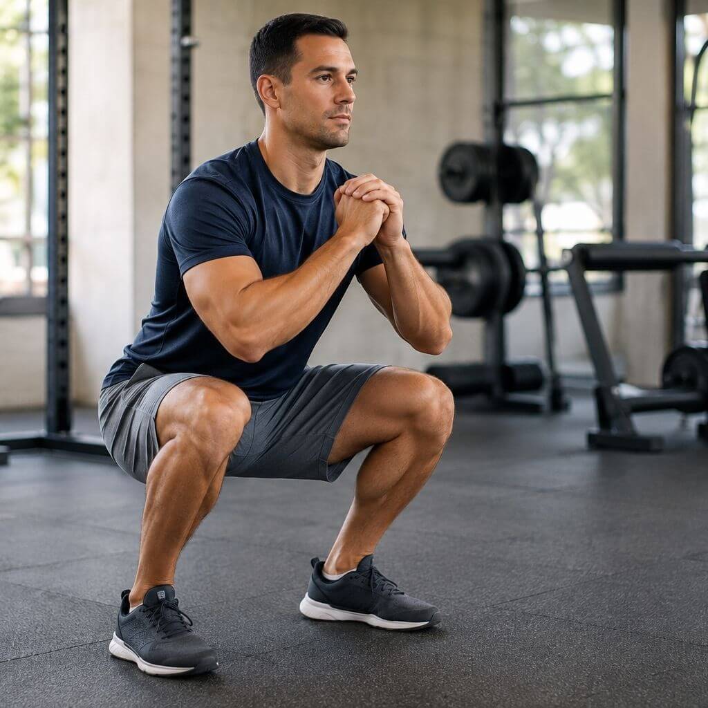 Hombre realizando una sentadilla sin peso en un gimnasio.